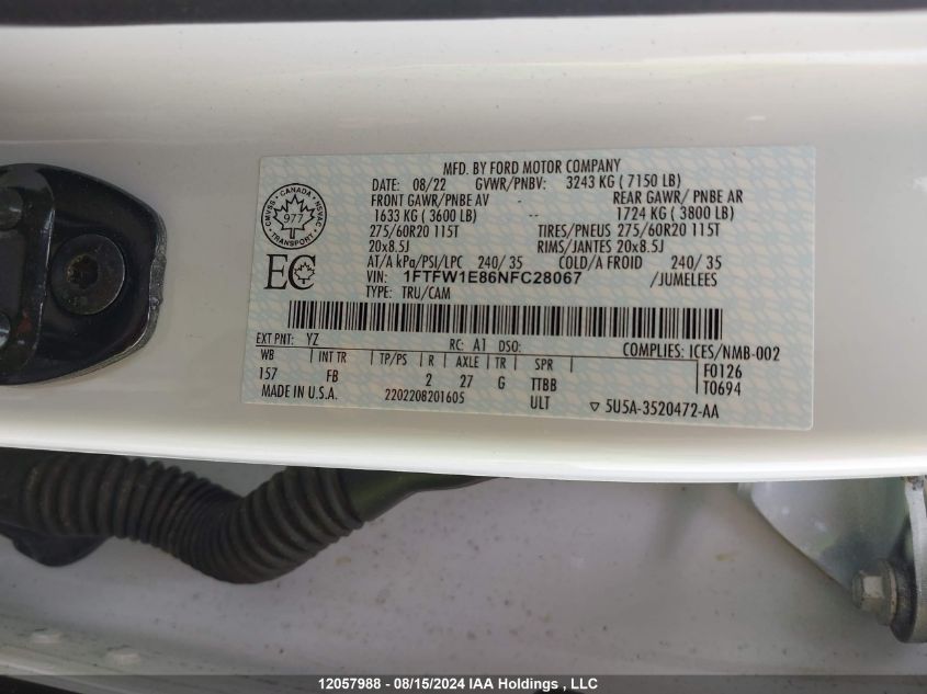 2022 Ford F150 Supercrew VIN: 1FTFW1E86NFC28067 Lot: 12057988