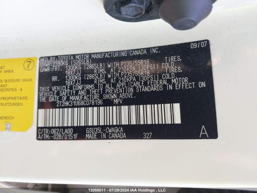 2008 Lexus Rx 350 VIN: 2T2HK31U68C078196 Lot: 12058011