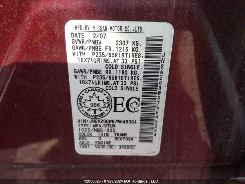 2007 Nissan Murano Sl/Se/S VIN: JN8AZ08W67W648084 Lot: 12058023