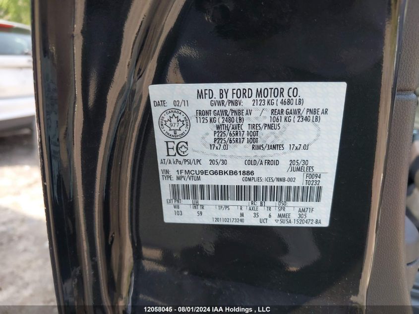 2011 Ford Escape Limited VIN: 1FMCU9EG6BKB61886 Lot: 12058045