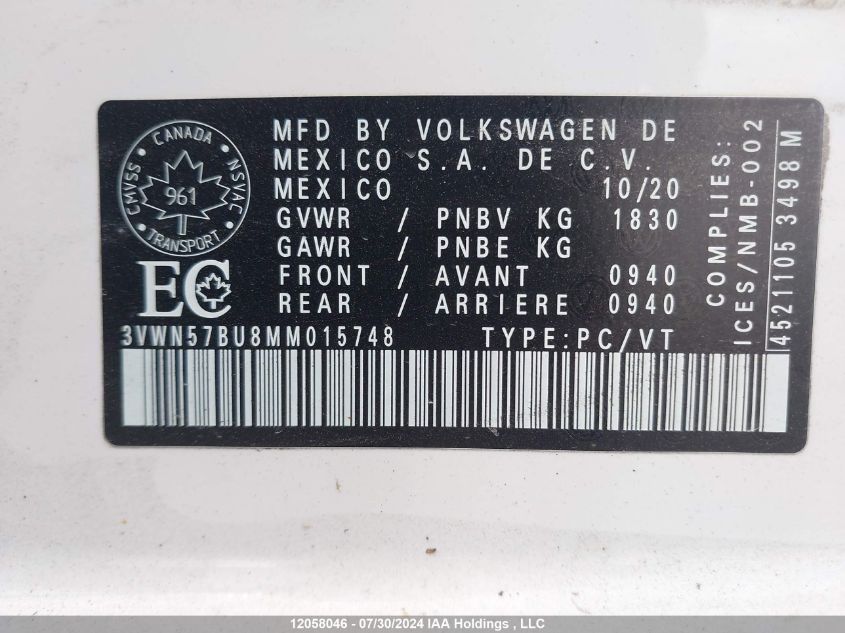 2021 Volkswagen Jetta VIN: 3VWN57BU8MM015748 Lot: 12058046