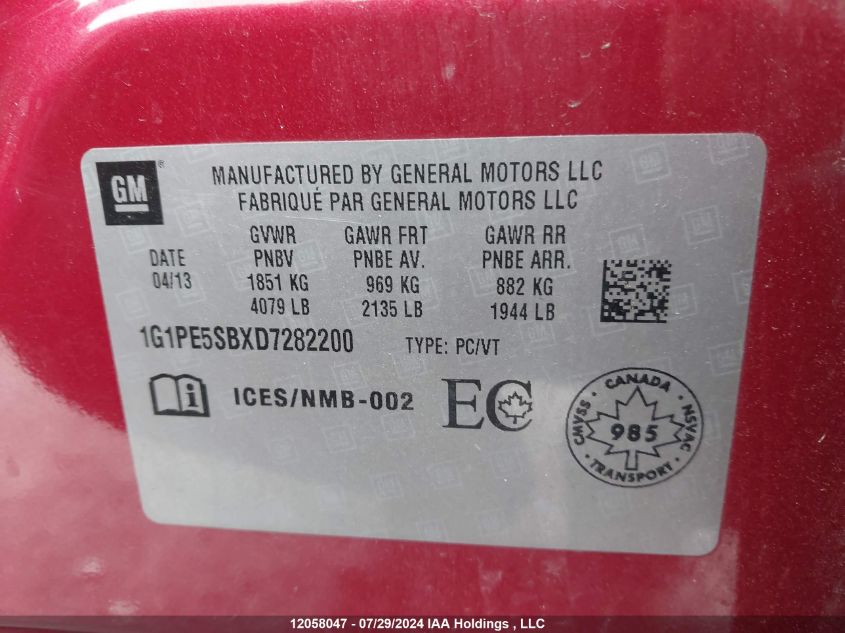 2013 Chevrolet Cruze VIN: 1G1PE5SBXD7282200 Lot: 12058047