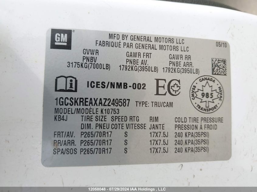 2010 Chevrolet Silverado 1500 VIN: 1GCSKREAXAZ249587 Lot: 12058048