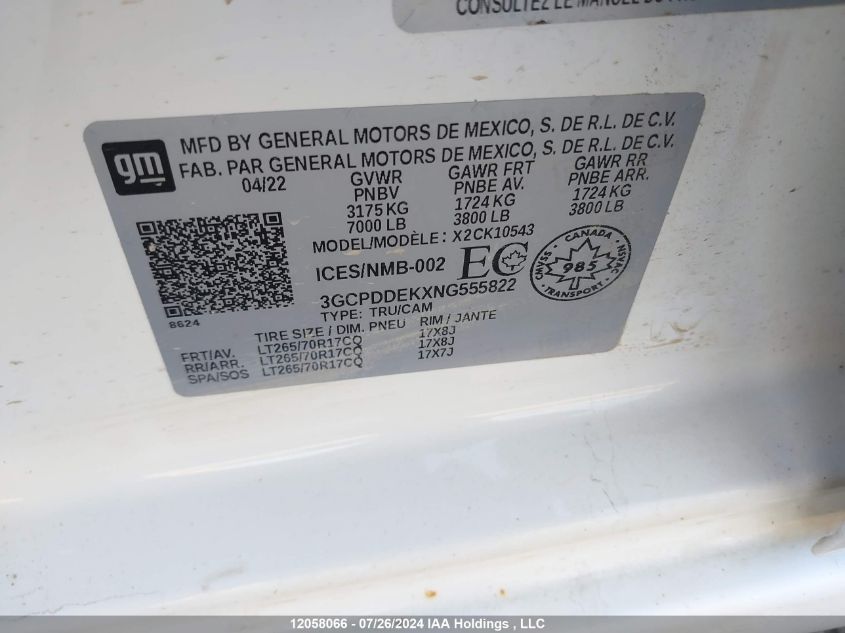 2022 Chevrolet Silverado 1500 VIN: 3GCPDDEKXNG555822 Lot: 12058066