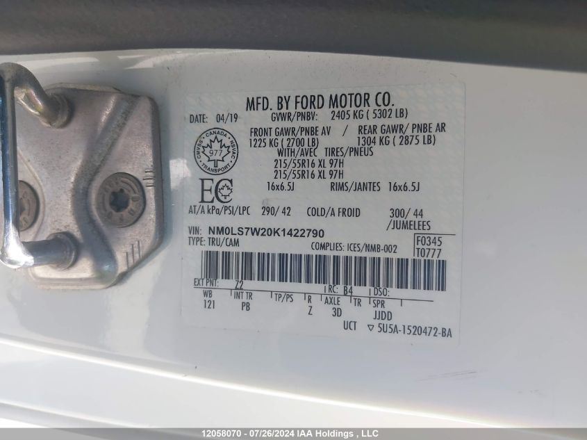 2019 Ford Transit Connect Xlt VIN: NM0LS7W20K1422790 Lot: 12058070