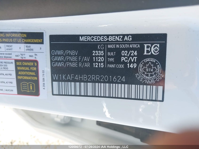 2024 Mercedes-Benz C-Class VIN: W1KAF4HB2RR201624 Lot: 12058072
