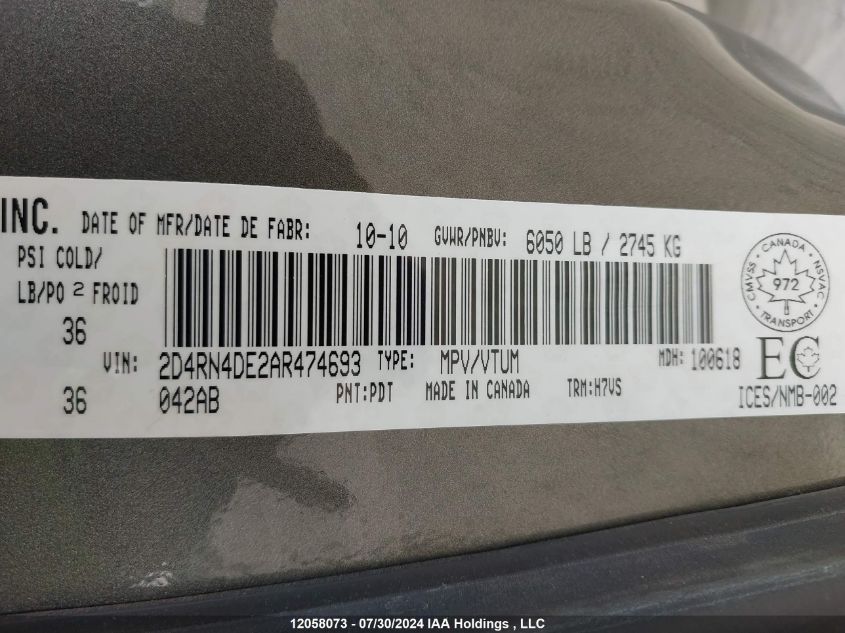 2010 Dodge Grand Caravan Se VIN: 2D4RN4DE2AR474693 Lot: 12058073