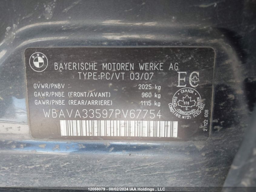 2007 BMW 328 I VIN: WBAVA33597PV67754 Lot: 12058079