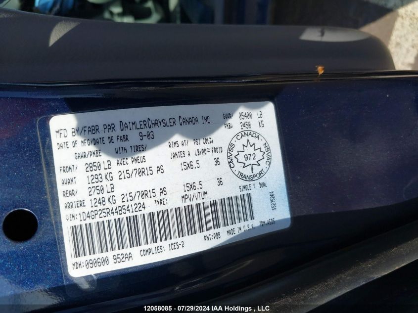 2004 Dodge Caravan Se VIN: 1D4GP25R44B541224 Lot: 12058085