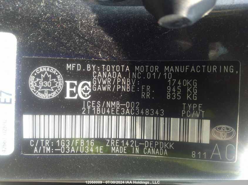 2010 Toyota Corolla VIN: 2T1BU4EE3AC348343 Lot: 12058089