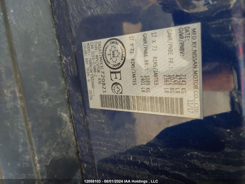 2018 Nissan Rogue VIN: 5N1AT2MVXJC720821 Lot: 12058103