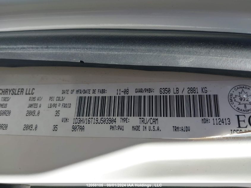 2009 Dodge Ram 1500 VIN: 1D3HV16T19J503904 Lot: 12058105