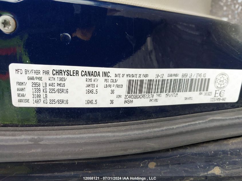 2013 Dodge Grand Caravan VIN: 2C4RDGBGXDR513170 Lot: 12058121