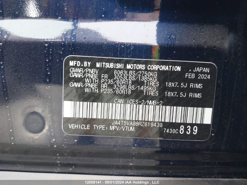 2024 Mitsubishi Outlander Phev VIN: JA4T5VA98RZ619439 Lot: 12058141