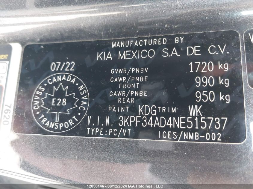 2022 Kia Forte VIN: 3KPF34AD4NE515737 Lot: 12058146