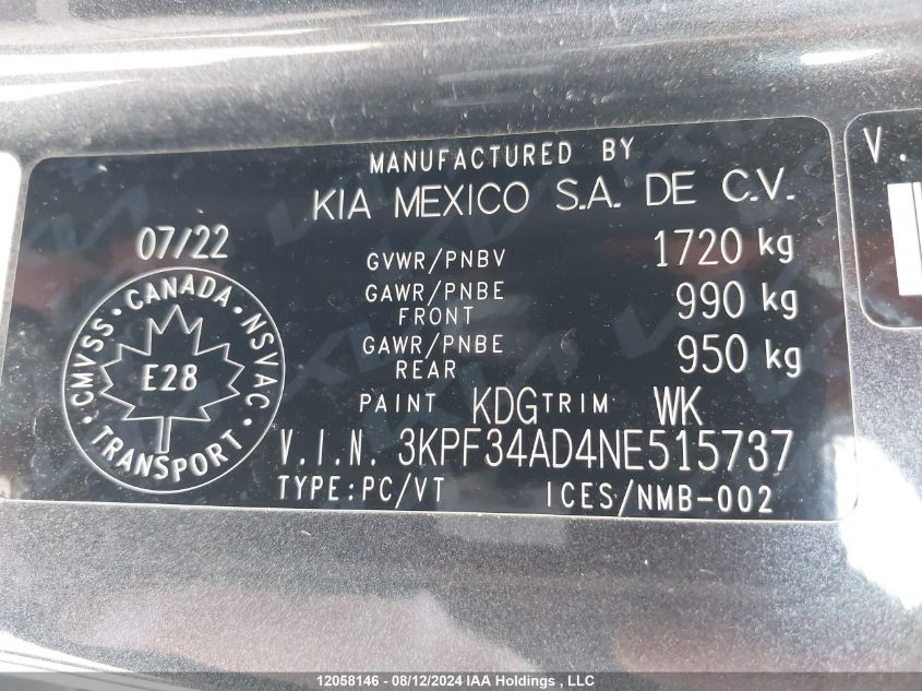 2022 Kia Forte VIN: 3KPF34AD4NE515737 Lot: 12058146