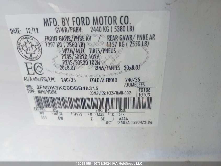 2013 Ford Edge Limited VIN: 2FMDK3KC0DBB48315 Lot: 12058155