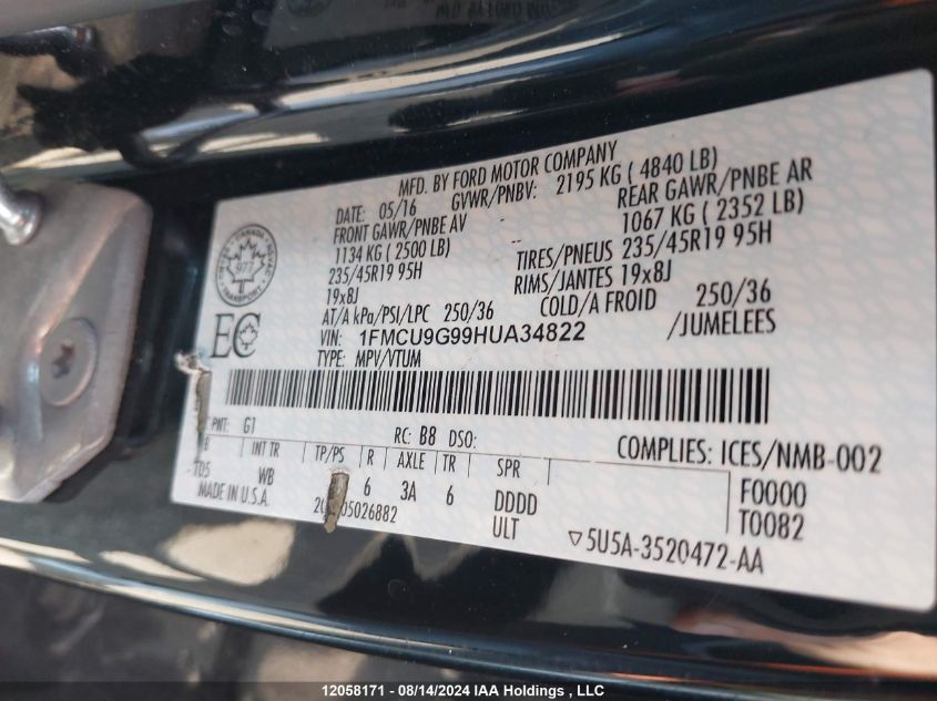 2017 Ford Escape VIN: 1FMCU9G99HUA34822 Lot: 12058171