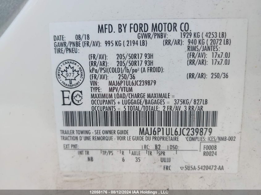 2018 Ford Ecosport Se VIN: MAJ6P1UL6JC239879 Lot: 12058176