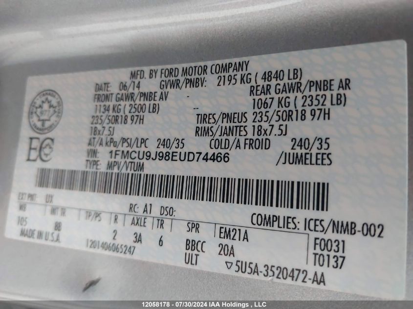 2014 Ford Escape Titanium VIN: 1FMCU9J98EUD74466 Lot: 12058178