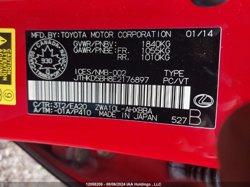 2014 Lexus Ct 200H VIN: JTHKD5BH8E2176897 Lot: 12058205