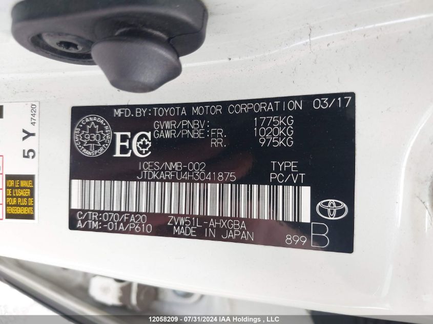 2017 Toyota Prius VIN: JTDKARFU4H3041875 Lot: 12058209