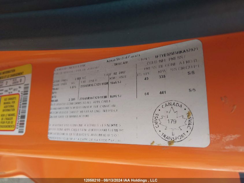 2017 Ford Transit T-150 VIN: 1FTYE9ZM3HKA57923 Lot: 12058210