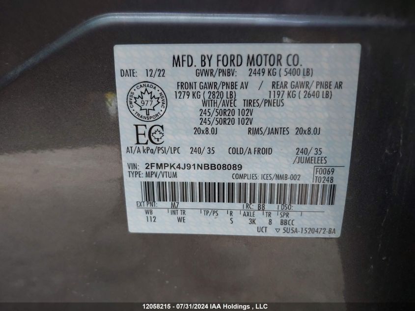 2022 Ford Edge VIN: 2FMPK4J91NBB08089 Lot: 12058215