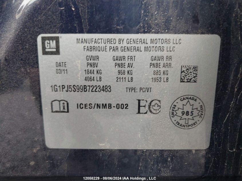 2011 Chevrolet Cruze VIN: 1G1PJ5S99B7223483 Lot: 12058229