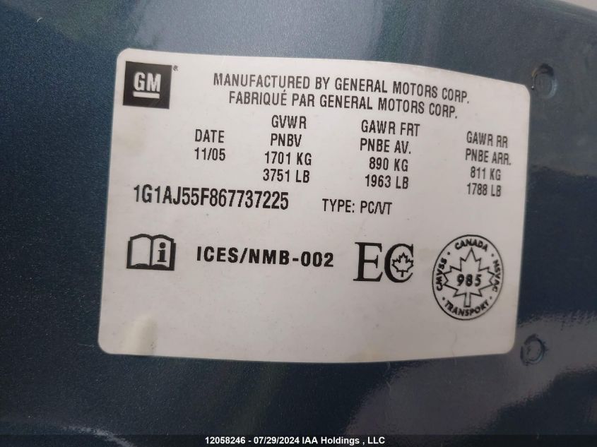 2006 Chevrolet Cobalt Ls VIN: 1G1AJ55F867737225 Lot: 12058246