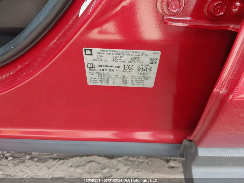 2015 Chevrolet Equinox Lt VIN: 2GNFLGEK7F6316975 Lot: 12058251