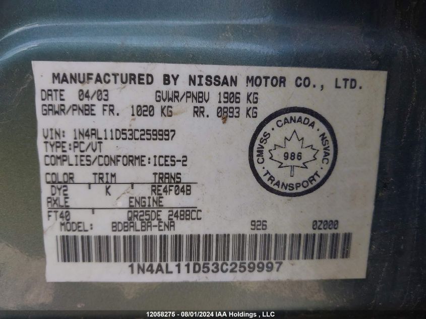 2003 Nissan Altima 2.5 Sl VIN: 1N4AL11D53C259997 Lot: 12058275