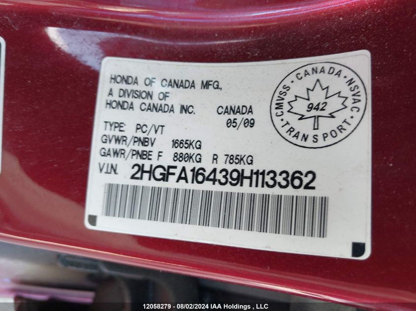 2009 Honda Civic Sdn VIN: 2HGFA16439H113362 Lot: 12058279