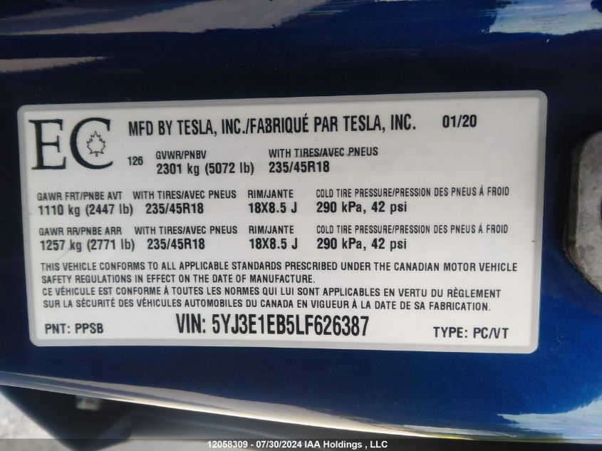 2020 Tesla Model 3 VIN: 5YJ3E1EB5LF626387 Lot: 12058309