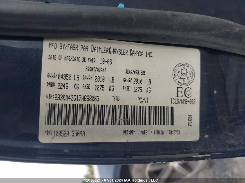 2007 Dodge Charger Se/Sxt VIN: 2B3KA43G17H668063 Lot: 12058321