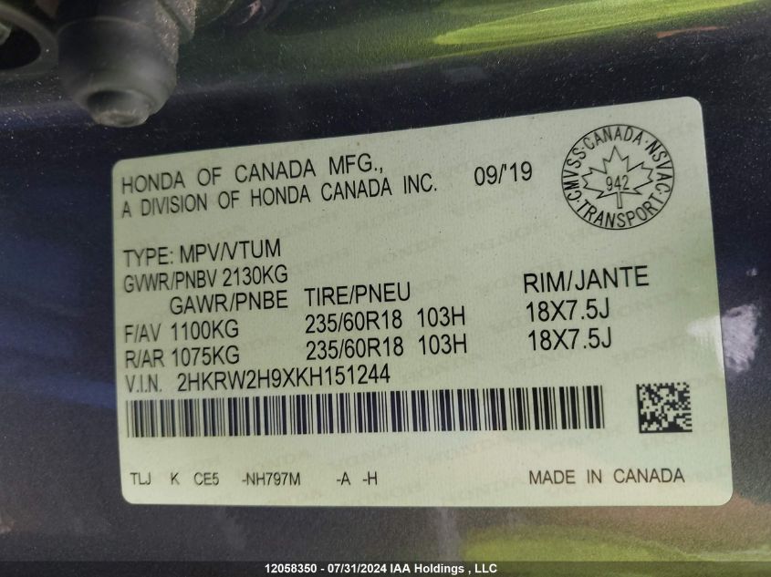2019 Honda Cr-V VIN: 2HKRW2H9XKH151244 Lot: 12058350