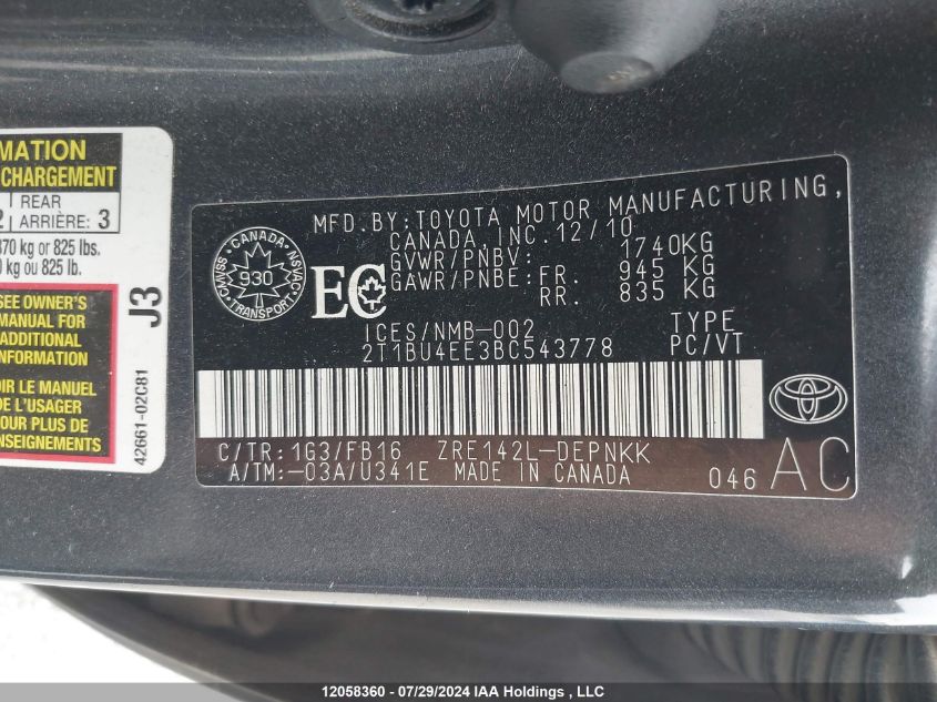 2011 Toyota Corolla Le VIN: 2T1BU4EE3BC543778 Lot: 12058360