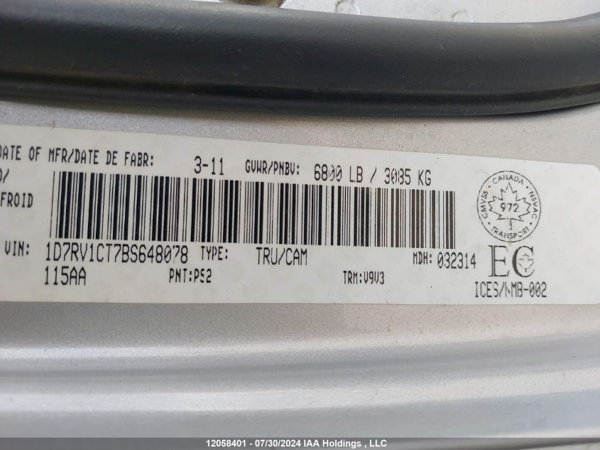 2011 Dodge Ram 1500 VIN: 1D7RV1CT7BS648078 Lot: 12058401