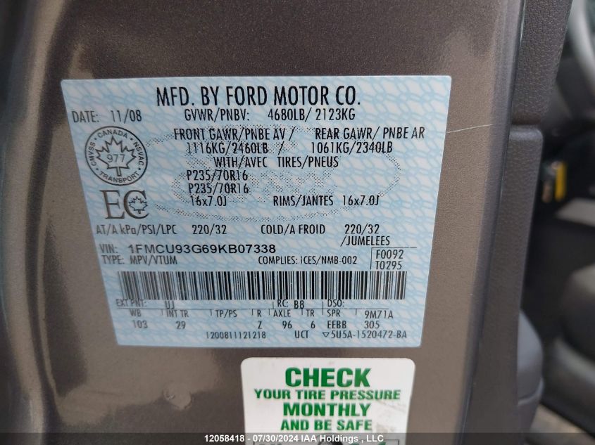 2009 Ford Escape Xlt VIN: 1FMCU93G69KB07338 Lot: 12058418