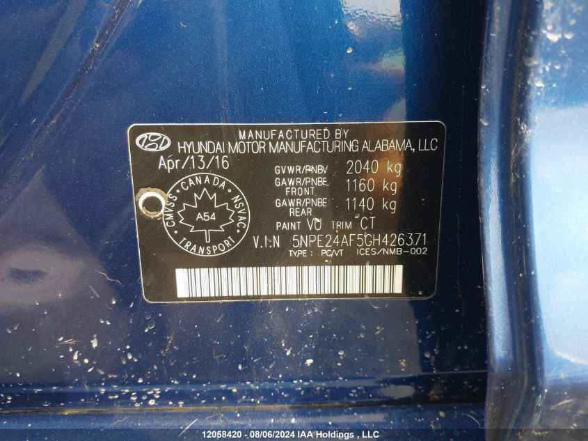 2016 Hyundai Sonata Se VIN: 5NPE24AF5GH426371 Lot: 12058420