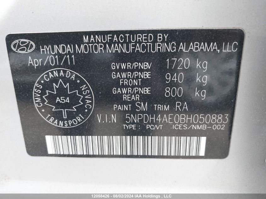 2011 Hyundai Elantra Gl VIN: 5NPDH4AE0BH050883 Lot: 12058426