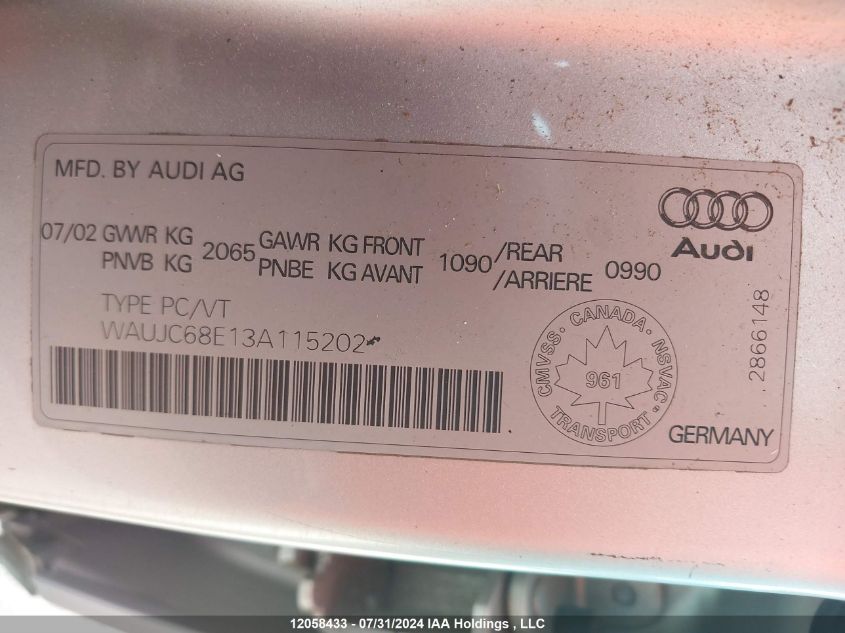 2003 Audi A4 VIN: WAUJC68E13A115202 Lot: 12058433