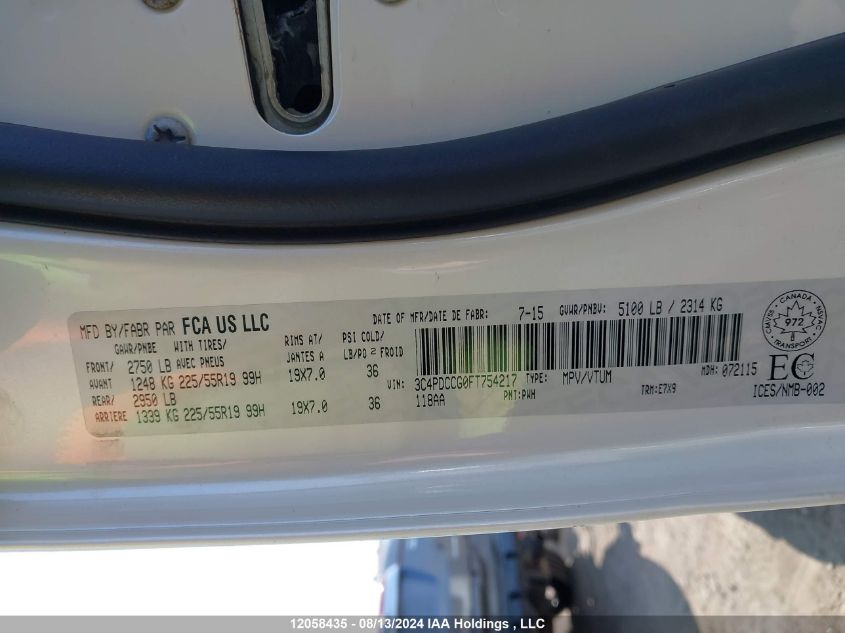 2015 Dodge Journey Sxt VIN: 3C4PDCCG0FT754217 Lot: 12058435