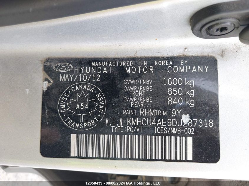 2013 Hyundai Accent Gls/Se VIN: KMHCU4AE9DU287318 Lot: 12058439