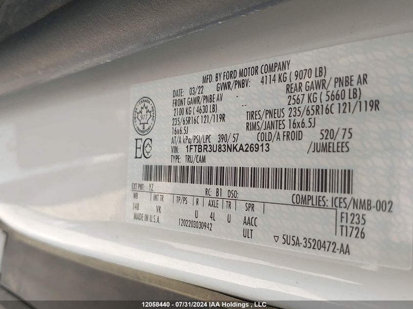 2022 Ford Transit T-250 VIN: 1FTBR3U83NKA26913 Lot: 12058440