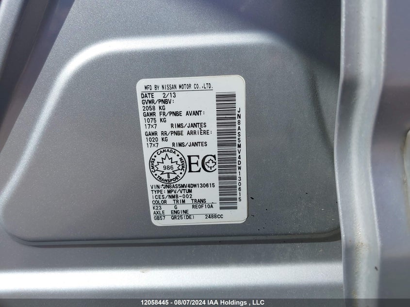 2013 Nissan Rogue VIN: JN8AS5MV4DW130615 Lot: 12058445