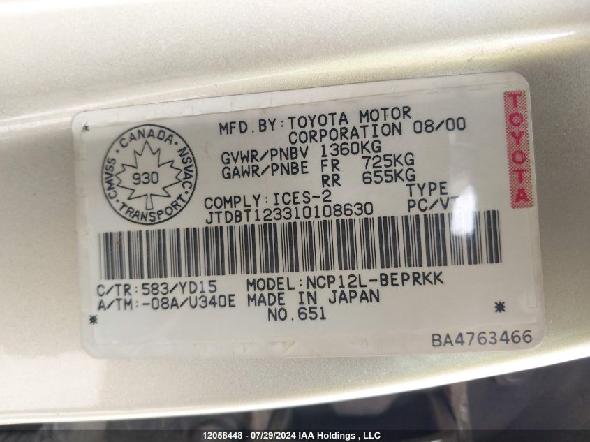 2001 Toyota Echo VIN: JTDBT123310108630 Lot: 12058448