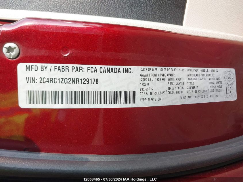 2022 Chrysler Grand Caravan Sxt VIN: 2C4RC1ZG2NR129178 Lot: 12058465