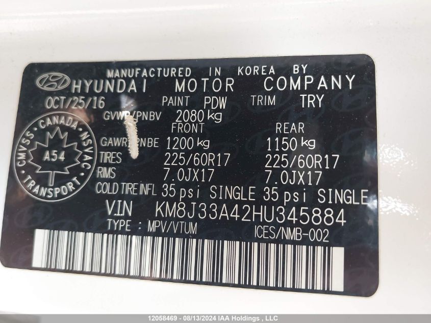 2017 Hyundai Tucson Se VIN: KM8J33A42HU345884 Lot: 12058469