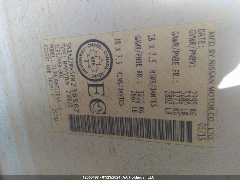 2015 Nissan Murano VIN: 5N1AZ2MH5FN238567 Lot: 12058497